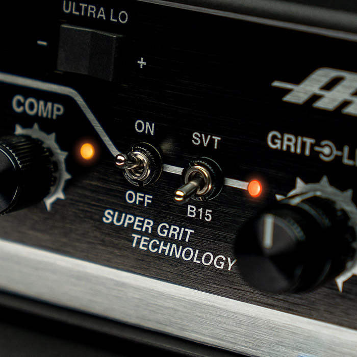 Close-up of Super Grit Technology Circuit: On/Off switch, SVT/B15 switch, and SGT Grit/Level Knob.