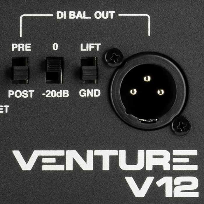Close-up of DI Balanced Output and Switches (Pre/Post, 0/-20 dB Pad, Ground/Lift) on Venture V12 